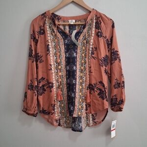Mason & Belle NWT Floral Boho Hippie Blouse Stitch Fix Puff Sleeve Tassels XS